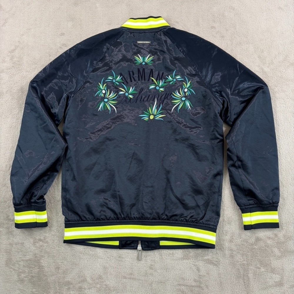 Armani Exchange Embroidered Back Bomber Jacket in Navy Satin Women XS NWOT $395